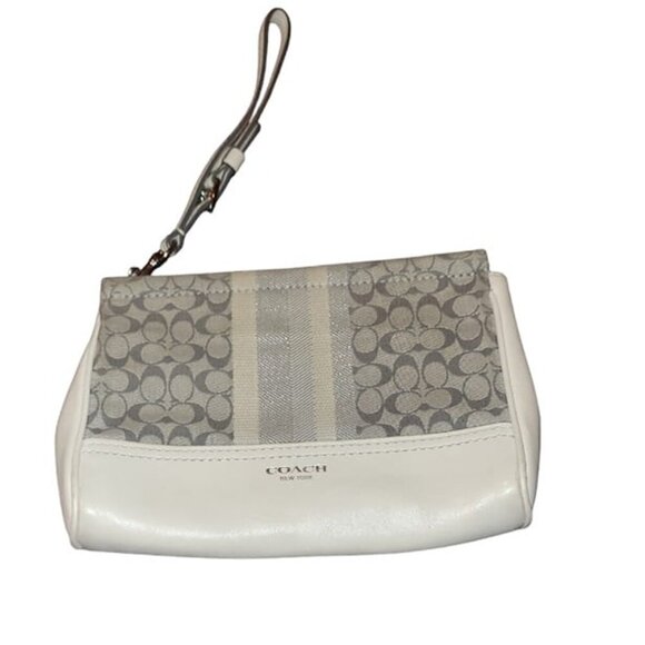 Coach Signature Stripe Tan/Brown Zip Top Wristlet Wallet with adjustable Handle - Picture 1 of 5